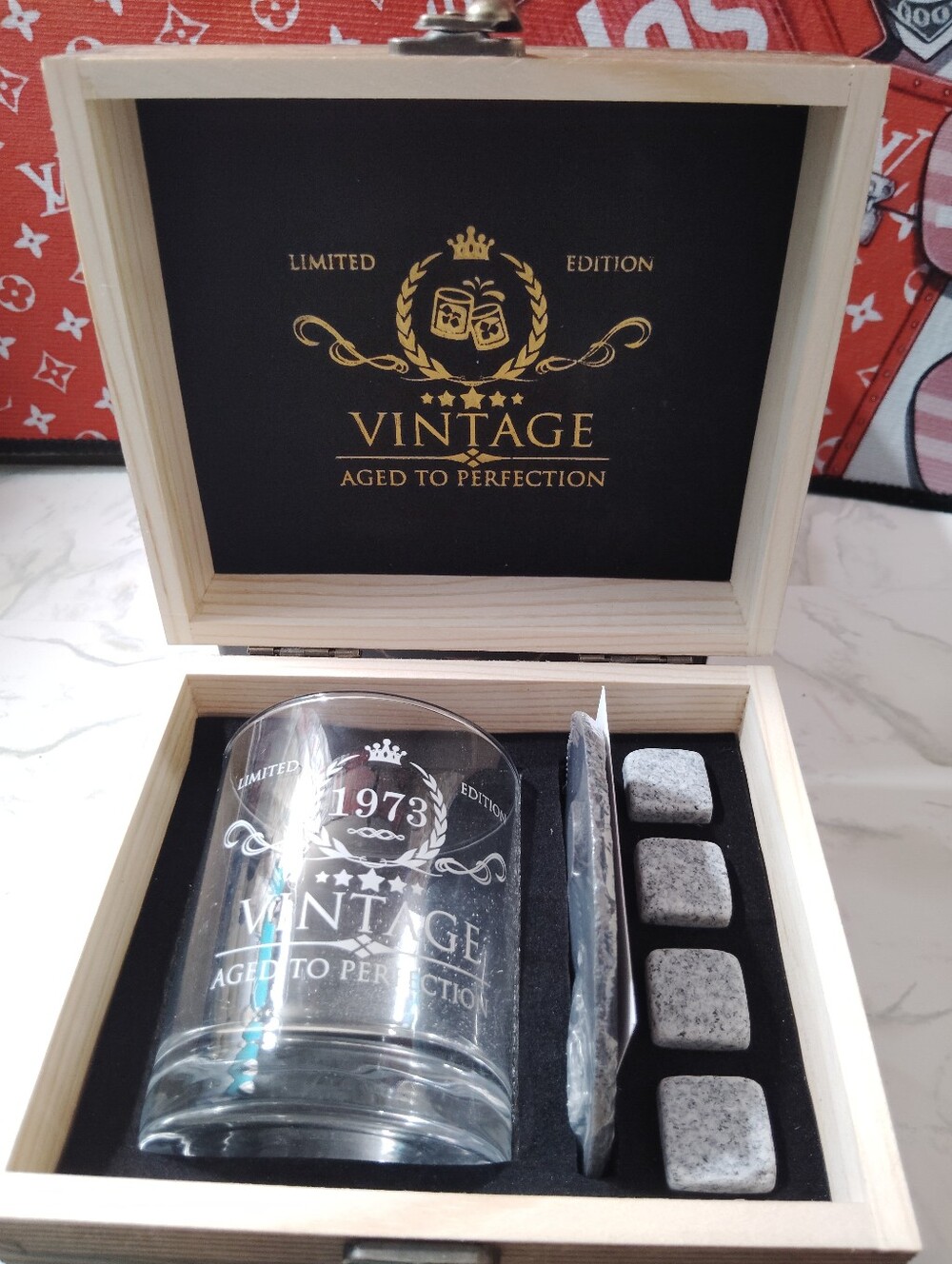 Vintage 1973 Engraved Whiskey Glass Gift Set